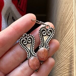 925 Silver Rhodochrosite or Rose Quartz Decorated Earrings